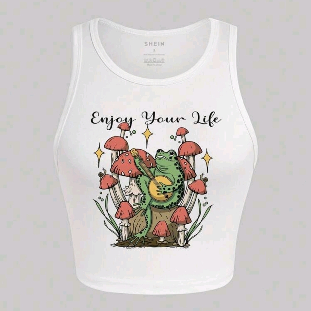 SHEIN White Crop Top with Frog and Mushroom Graphic